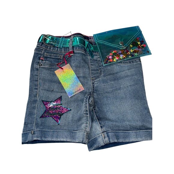 Vigoss Girls Bermuda Denim Shorts Size 6X With Holographic Star Patch & Belt - Picture 1 of 4